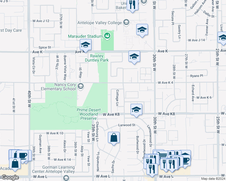 map of restaurants, bars, coffee shops, grocery stores, and more near 43332 33rd Street West in Lancaster