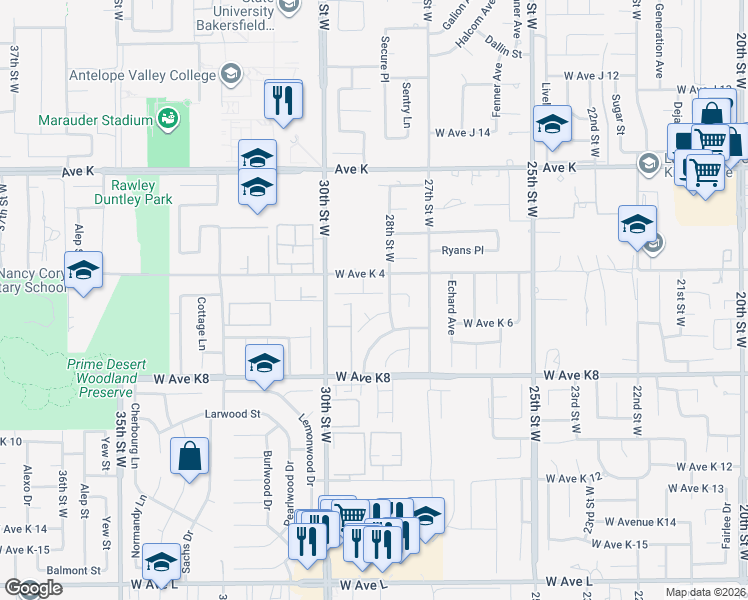 map of restaurants, bars, coffee shops, grocery stores, and more near 2816 Dartmouth Drive in Lancaster