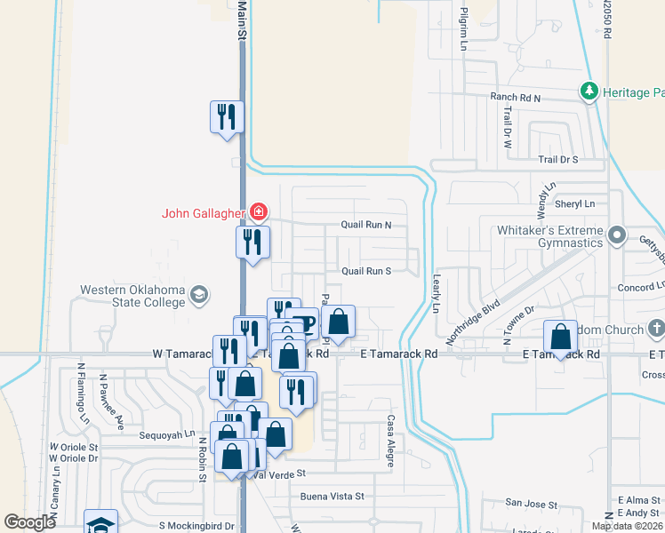 map of restaurants, bars, coffee shops, grocery stores, and more near 3212 Partridge Place in Altus