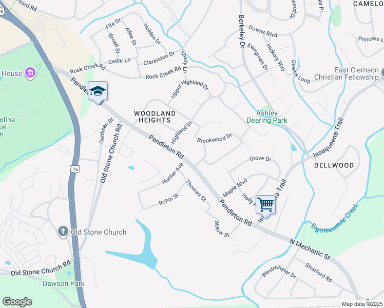 map of restaurants, bars, coffee shops, grocery stores, and more near 102 Brookwood Drive in Clemson