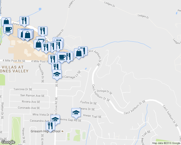 map of restaurants, bars, coffee shops, grocery stores, and more near 7599 Foxfire Drive Southeast in Huntsville