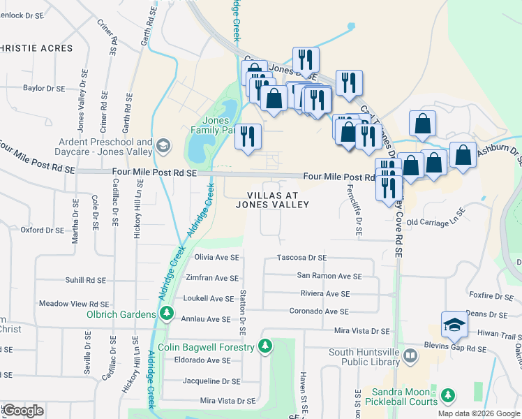 map of restaurants, bars, coffee shops, grocery stores, and more near Valley Way Circle Southeast in Huntsville