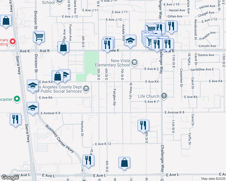 map of restaurants, bars, coffee shops, grocery stores, and more near 43331 Fairglen Road in Lancaster