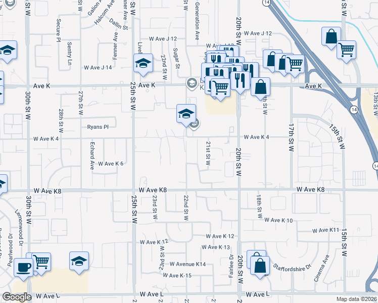 map of restaurants, bars, coffee shops, grocery stores, and more near 43330 22nd Street West in Lancaster