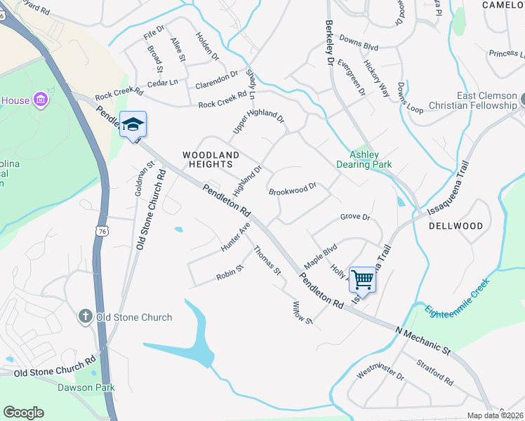 map of restaurants, bars, coffee shops, grocery stores, and more near 304 Pendleton Road in Clemson