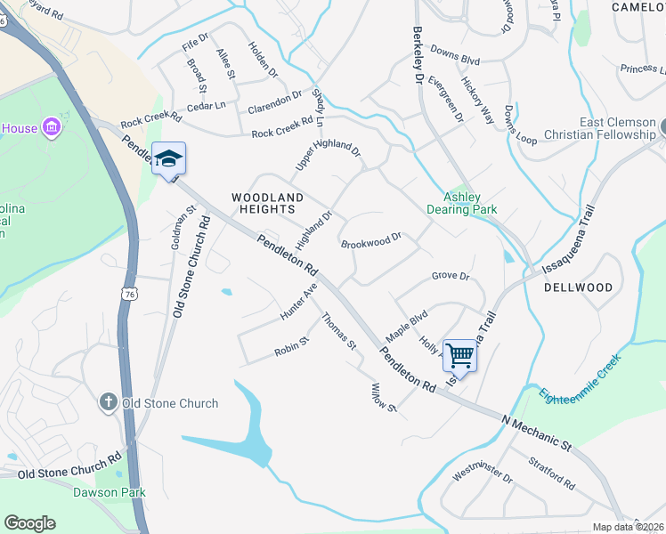 map of restaurants, bars, coffee shops, grocery stores, and more near 304 Pendleton Road in Clemson