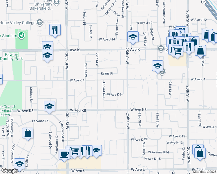 map of restaurants, bars, coffee shops, grocery stores, and more near 43335 Edson Avenue in Lancaster