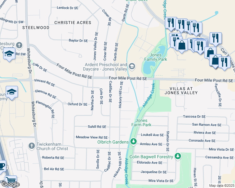 map of restaurants, bars, coffee shops, grocery stores, and more near 7204 Hickory Hill Lane Southeast in Huntsville