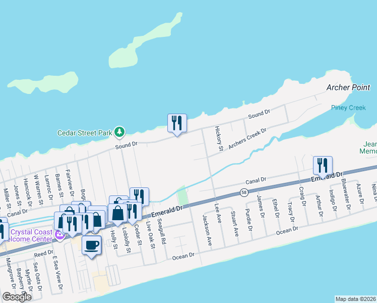 map of restaurants, bars, coffee shops, grocery stores, and more near 7416 Coral Ct in Emerald Isle