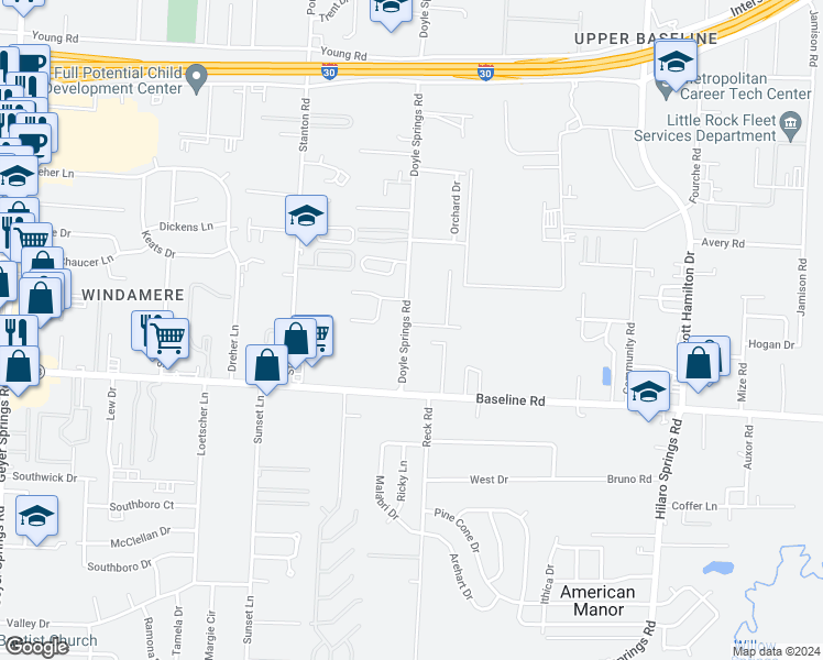map of restaurants, bars, coffee shops, grocery stores, and more near 4523 Weymouth in Little Rock