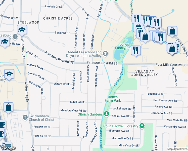 map of restaurants, bars, coffee shops, grocery stores, and more near 7204 Hickory Hill Lane Southeast in Huntsville