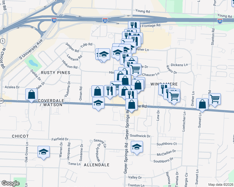 map of restaurants, bars, coffee shops, grocery stores, and more near 8824 Geyer Springs Road in Little Rock
