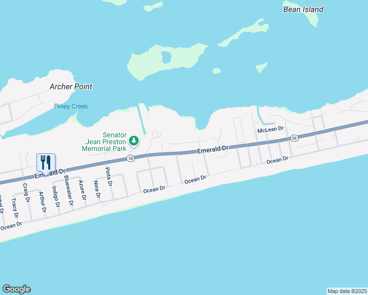 map of restaurants, bars, coffee shops, grocery stores, and more near 6607 Marsh Cove Road in Emerald Isle