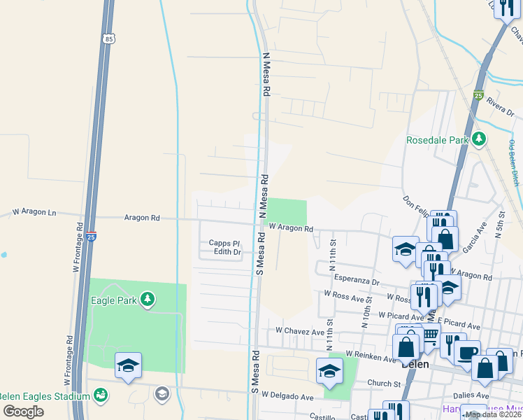 map of restaurants, bars, coffee shops, grocery stores, and more near 1648 Joan Street in Belen