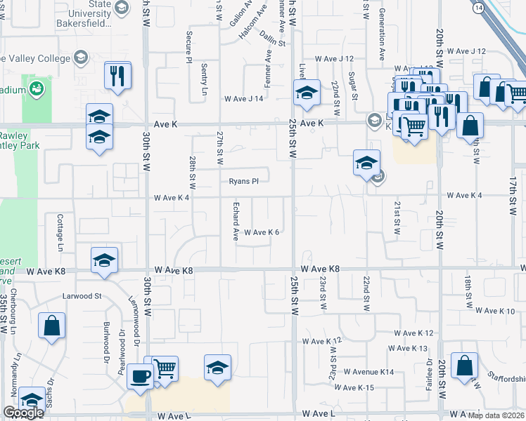 map of restaurants, bars, coffee shops, grocery stores, and more near 43337 Fanchon Avenue in Lancaster