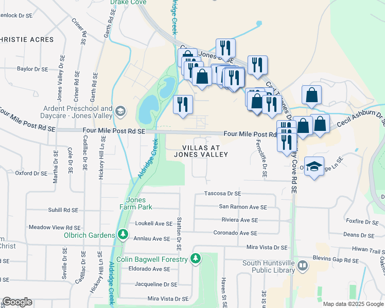 map of restaurants, bars, coffee shops, grocery stores, and more near Valley Way Circle Southeast in Huntsville