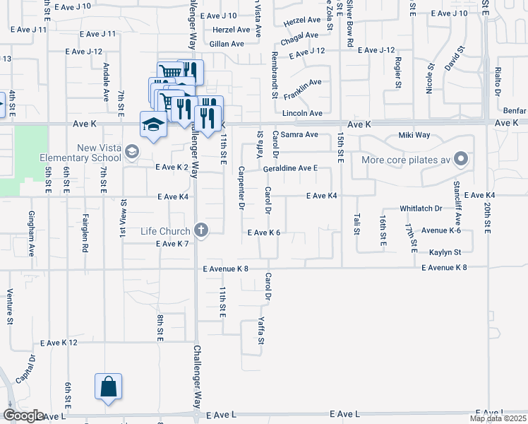 map of restaurants, bars, coffee shops, grocery stores, and more near 1158 East Angela Court in Lancaster