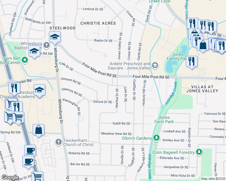 map of restaurants, bars, coffee shops, grocery stores, and more near 7303 Martha Drive Southeast in Huntsville