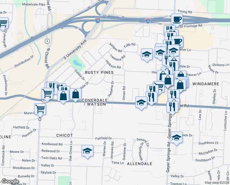 map of restaurants, bars, coffee shops, grocery stores, and more near 8705 Verbena Drive in Little Rock