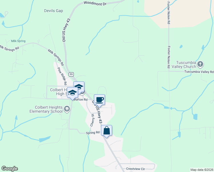 map of restaurants, bars, coffee shops, grocery stores, and more near 1000-1002 Cut Stone Road in Tuscumbia