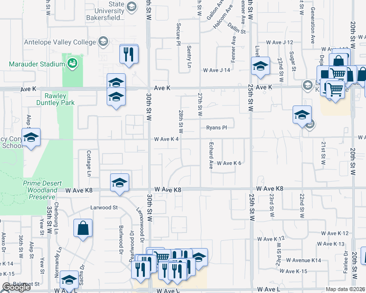 map of restaurants, bars, coffee shops, grocery stores, and more near 2736 West Avenue K 4 in Lancaster