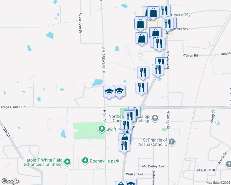 map of restaurants, bars, coffee shops, grocery stores, and more near 300 West George E Allen Drive in Booneville