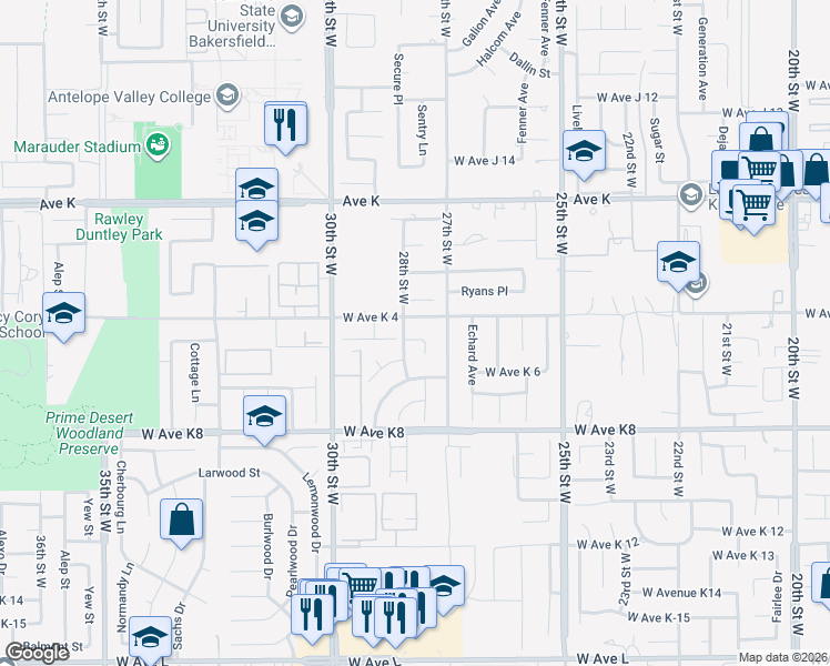 map of restaurants, bars, coffee shops, grocery stores, and more near 2736 West Avenue K 4 in Lancaster