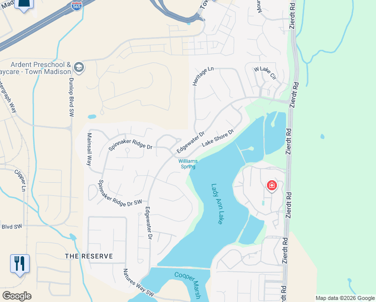 map of restaurants, bars, coffee shops, grocery stores, and more near 104 Spinnaker Circle in Madison