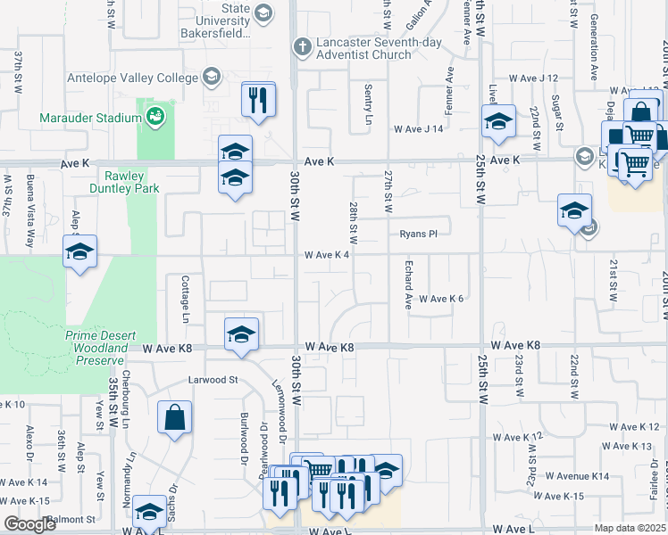 map of restaurants, bars, coffee shops, grocery stores, and more near 2825 Dartmouth Drive in Lancaster