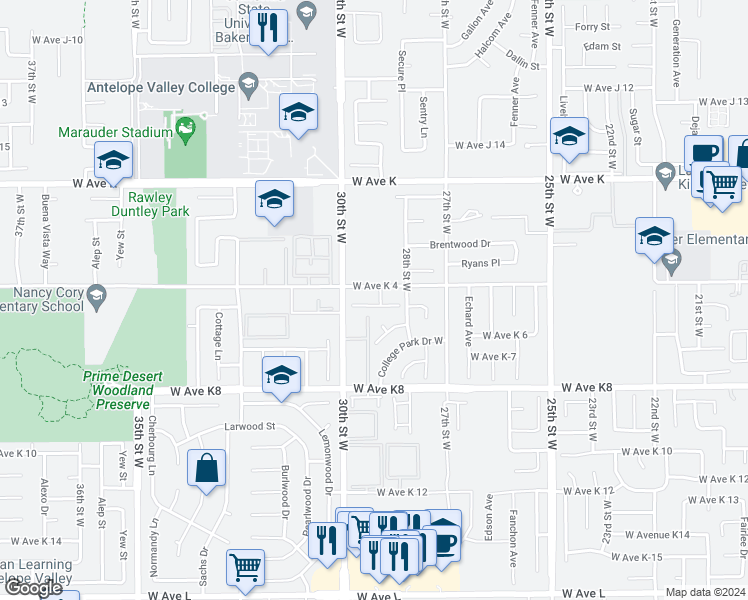 map of restaurants, bars, coffee shops, grocery stores, and more near 2839 Dartmouth Drive in Lancaster