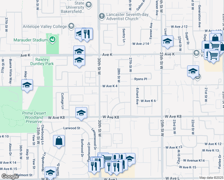map of restaurants, bars, coffee shops, grocery stores, and more near 2825 Dartmouth Drive in Lancaster