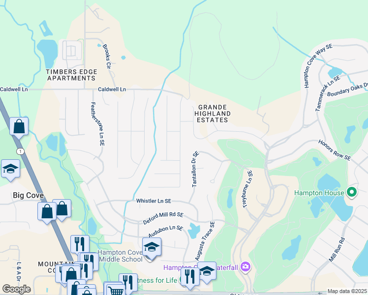 map of restaurants, bars, coffee shops, grocery stores, and more near 3023 Ginn Point Road SE in Owens Cross Roads