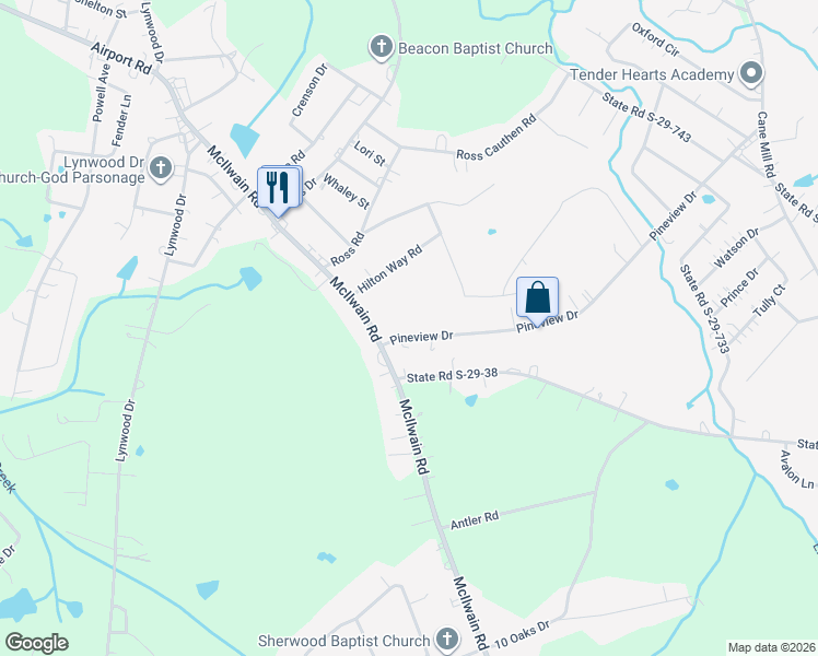 map of restaurants, bars, coffee shops, grocery stores, and more near 2804 Pineview Drive in Lancaster