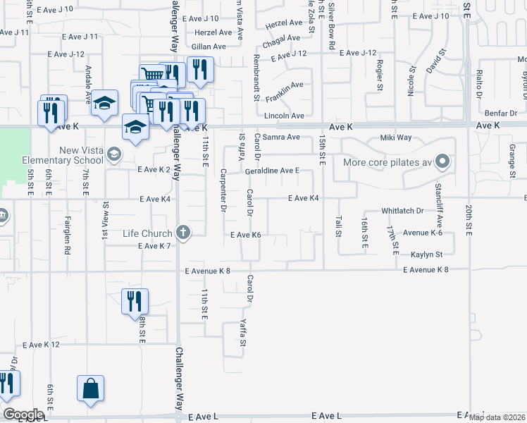 map of restaurants, bars, coffee shops, grocery stores, and more near 43341 Elizabeth Lane in Lancaster