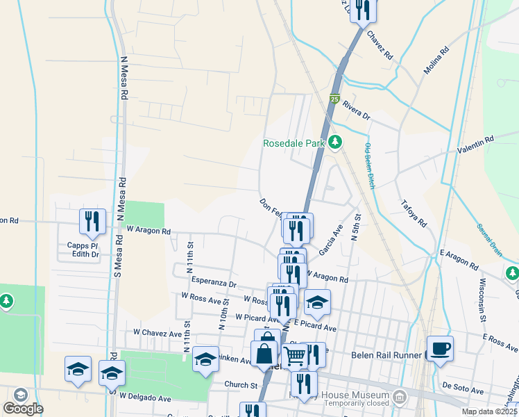 map of restaurants, bars, coffee shops, grocery stores, and more near 731 Don Felipe Road in Belen