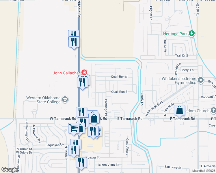 map of restaurants, bars, coffee shops, grocery stores, and more near 3212 Partridge Place in Altus