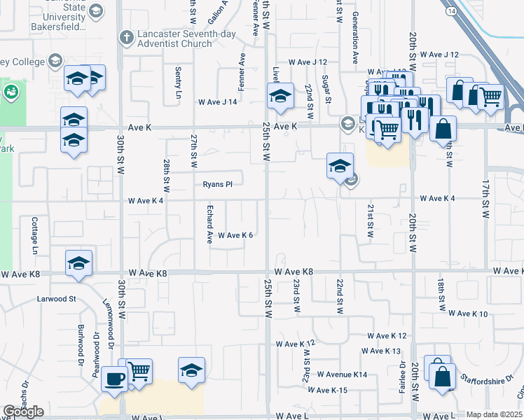map of restaurants, bars, coffee shops, grocery stores, and more near 43342 Fenner Avenue in Lancaster