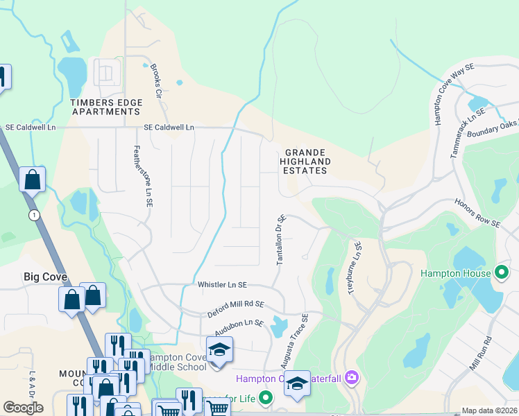 map of restaurants, bars, coffee shops, grocery stores, and more near 3023 Ginn Point Road SE in Owens Cross Roads