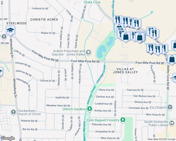 map of restaurants, bars, coffee shops, grocery stores, and more near 803 Vestavia Place Southeast in Huntsville