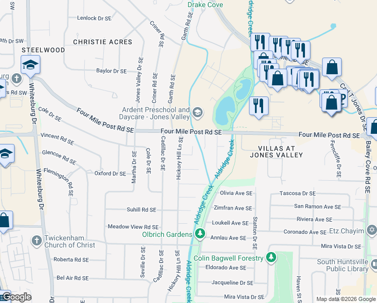 map of restaurants, bars, coffee shops, grocery stores, and more near 803 Vestavia Place Southeast in Huntsville