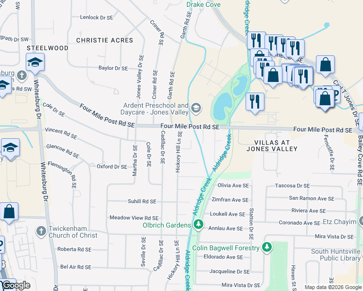 map of restaurants, bars, coffee shops, grocery stores, and more near 803 Vestavia Place Southeast in Huntsville