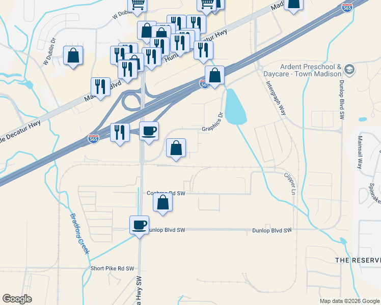map of restaurants, bars, coffee shops, grocery stores, and more near 170 Graphics Drive in Madison