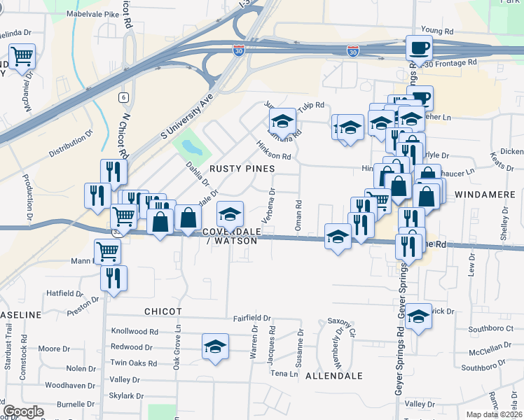 map of restaurants, bars, coffee shops, grocery stores, and more near 6816 Canna Road in Little Rock