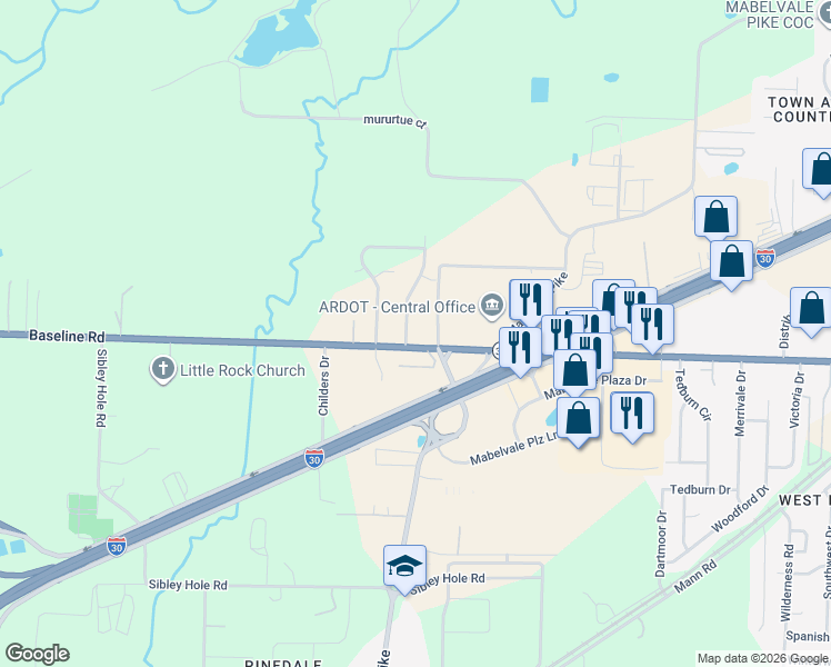 map of restaurants, bars, coffee shops, grocery stores, and more near 9620 Baseline Road in Little Rock