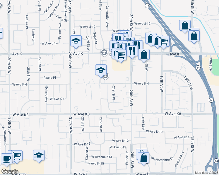 map of restaurants, bars, coffee shops, grocery stores, and more near 43350 Sunny Lane in Lancaster