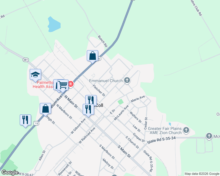 map of restaurants, bars, coffee shops, grocery stores, and more near 110 Mindon Avenue in McColl