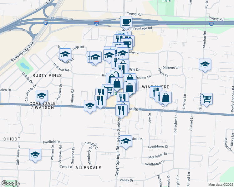 map of restaurants, bars, coffee shops, grocery stores, and more near 8640-8656 Geyer Springs Road in Little Rock