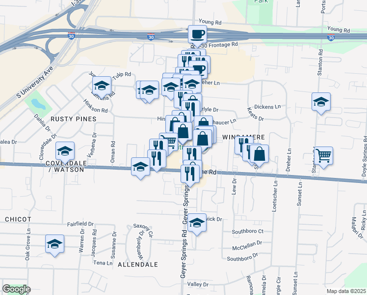 map of restaurants, bars, coffee shops, grocery stores, and more near 8640 Geyer Springs Road in Little Rock