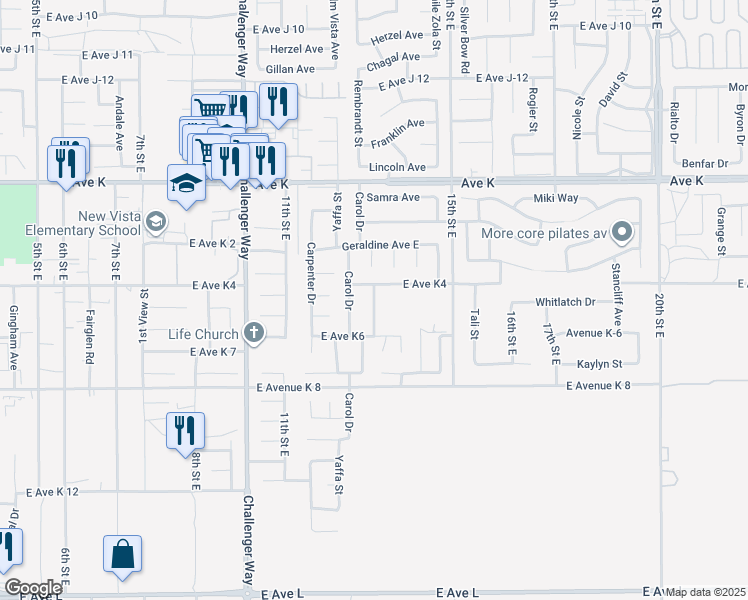 map of restaurants, bars, coffee shops, grocery stores, and more near Elizabeth Lane in Lancaster