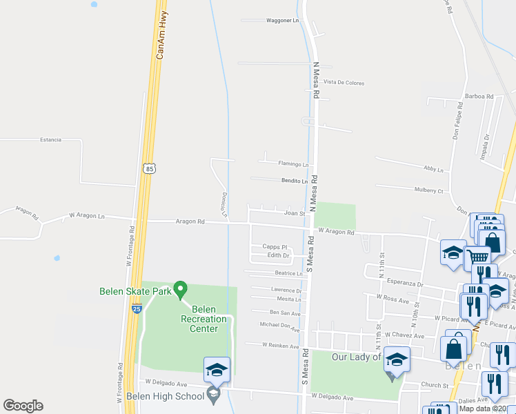 map of restaurants, bars, coffee shops, grocery stores, and more near 1646 Corra Court in Belen